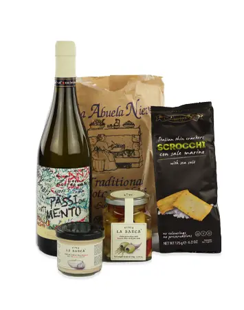 passi mento fles wijn met twee snackzakken en twee potjes