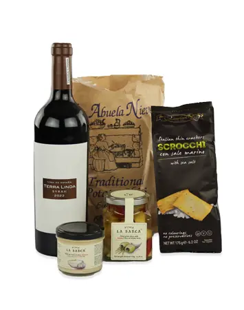 terra linda bruine wijnfles met twee zakken snacks en twee potjes